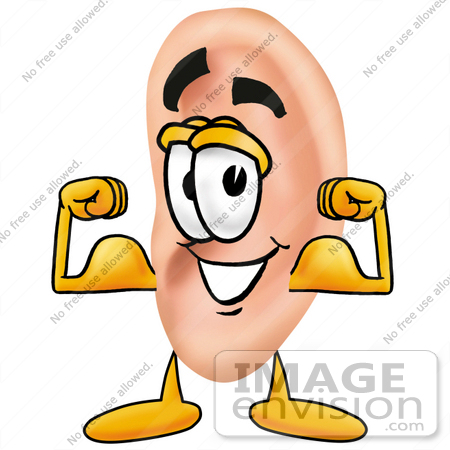 #23818 Clip Art Graphic of a Human Ear Cartoon Character Flexing His Arm Muscles by toons4biz
