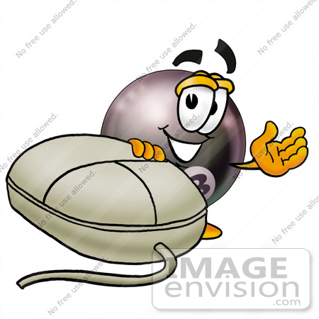 #23821 Clip Art Graphic of a Billiards Eight Ball Cartoon Character With a Computer Mouse by toons4biz