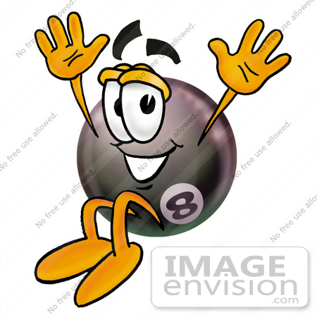 #23822 Clip Art Graphic of a Billiards Eight Ball Cartoon Character Jumping by toons4biz