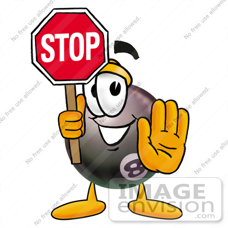 #23825 Clip Art Graphic of a Billiards Eight Ball Cartoon Character Holding a Stop Sign by toons4biz