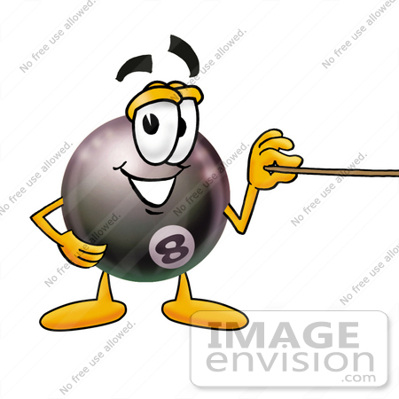 #23832 Clip Art Graphic of a Billiards Eight Ball Cartoon Character Holding a Pointer Stick by toons4biz