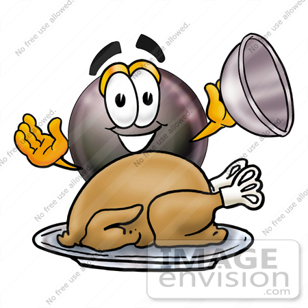 #23847 Clip Art Graphic of a Billiards Eight Ball Cartoon Character Serving a Thanksgiving Turkey on a Platter by toons4biz