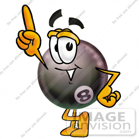 #23848 Clip Art Graphic of a Billiards Eight Ball Cartoon Character Pointing Upwards by toons4biz