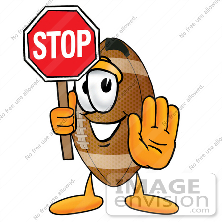 #23854 Clip Art Graphic of a Football Cartoon Character Holding a Stop Sign by toons4biz