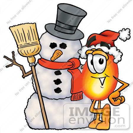 #23886 Clip Art Graphic of a Fire Cartoon Character With a Snowman on Christmas by toons4biz