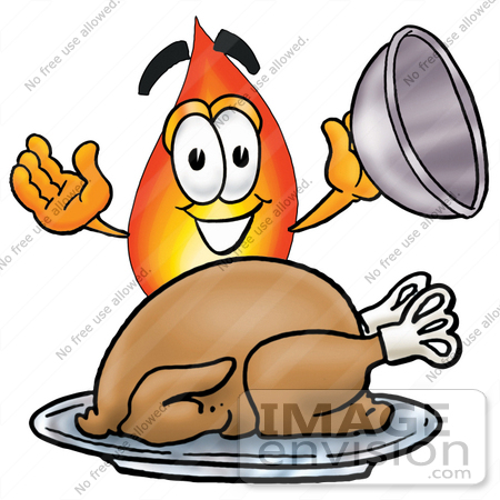 #23888 Clip Art Graphic of a Fire Cartoon Character Serving a Thanksgiving Turkey on a Platter by toons4biz
