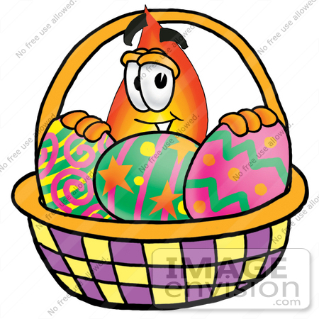 #23896 Clip Art Graphic of a Fire Cartoon Character in an Easter Basket Full of Decorated Easter Eggs by toons4biz