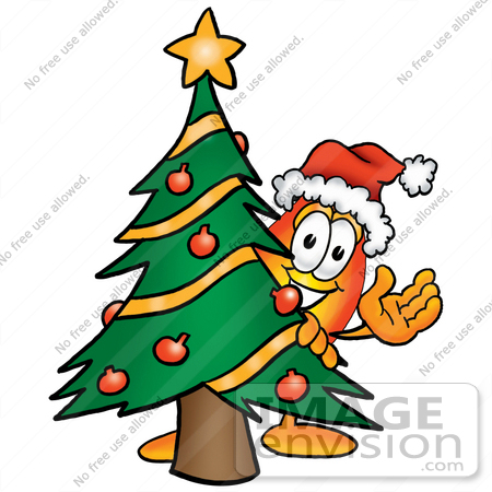 #23897 Clip Art Graphic of a Fire Cartoon Character Waving and Standing by a Decorated Christmas Tree by toons4biz