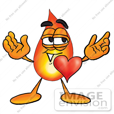 #23901 Clip Art Graphic of a Fire Cartoon Character With His Heart Beating Out of His Chest by toons4biz