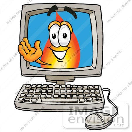 #23917 Clip Art Graphic of a Fire Cartoon Character Waving From Inside a Computer Screen by toons4biz