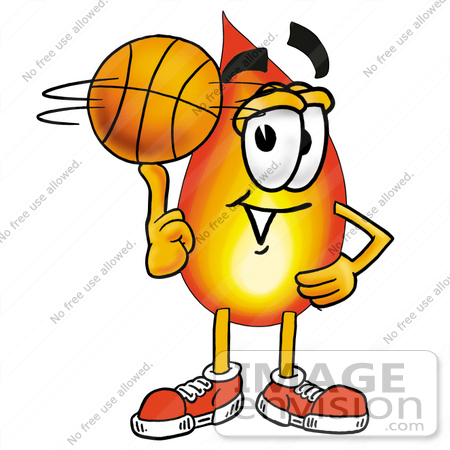 #23920 Clip Art Graphic of a Fire Cartoon Character Spinning a Basketball on His Finger by toons4biz