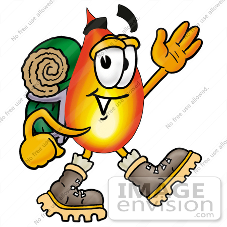 #23921 Clip Art Graphic of a Fire Cartoon Character Hiking and Carrying a Backpack by toons4biz