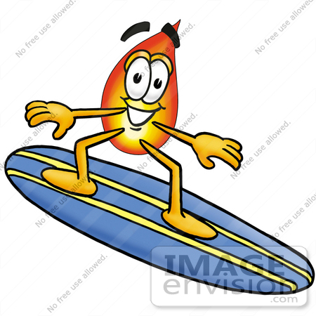 #23926 Clip Art Graphic of a Fire Cartoon Character Surfing on a Blue and Yellow Surfboard by toons4biz