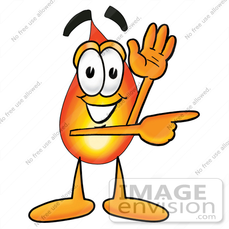 #23927 Clip Art Graphic of a Fire Cartoon Character Waving and Pointing by toons4biz