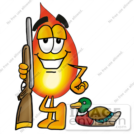 #23930 Clip Art Graphic of a Fire Cartoon Character Duck Hunting, Standing With a Rifle and Duck by toons4biz