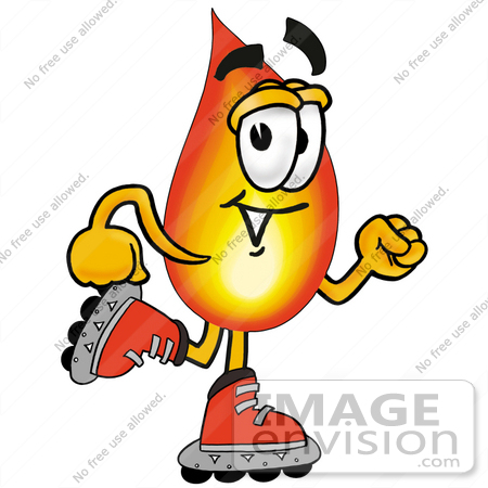 #23939 Clip Art Graphic of a Fire Cartoon Character Roller Blading on Inline Skates by toons4biz