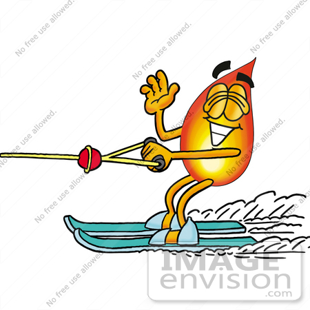 #23948 Clip Art Graphic of a Fire Cartoon Character Waving While Water Skiing by toons4biz