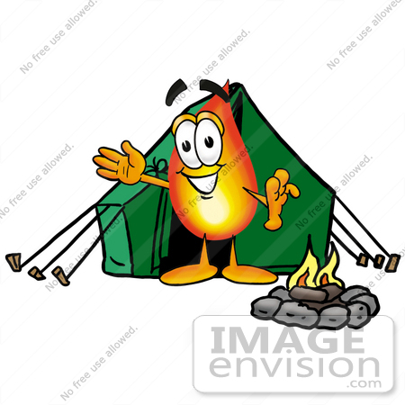 #23949 Clip Art Graphic of a Fire Cartoon Character Camping With a Tent and Fire by toons4biz