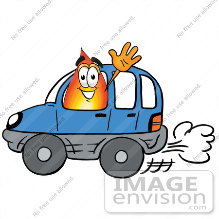 #23950 Clip Art Graphic of a Fire Cartoon Character Driving a Blue Car and Waving by toons4biz