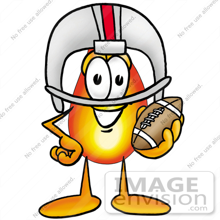 #23954 Clip Art Graphic of a Fire Cartoon Character in a Helmet, Holding a Football by toons4biz