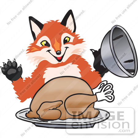 #23963 Clipart Picture of a Fox Mascot Cartoon Character Serving a Thanksgiving Turkey on a Platter by toons4biz