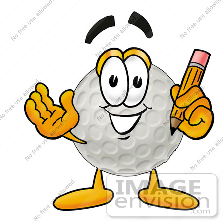 #23973 Clip Art Graphic of a Golf Ball Cartoon Character Holding a Pencil by toons4biz
