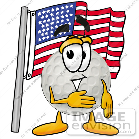 #23980 Clip Art Graphic of a Golf Ball Cartoon Character Pledging Allegiance to an American Flag by toons4biz