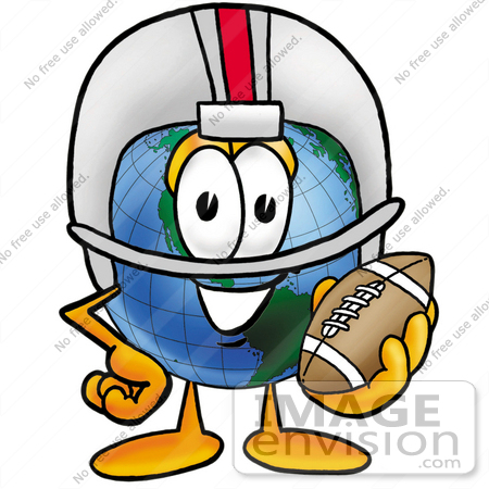 #24003 Clip Art Graphic of a World Globe Cartoon Character in a Helmet, Holding a Football by toons4biz