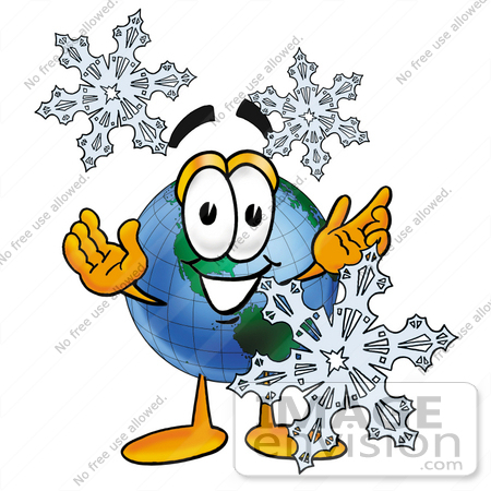 #24007 Clip Art Graphic of a World Globe Cartoon Character With Three Snowflakes in Winter by toons4biz