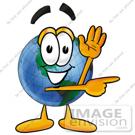 #24013 Clip Art Graphic of a World Globe Cartoon Character Waving and Pointing by toons4biz