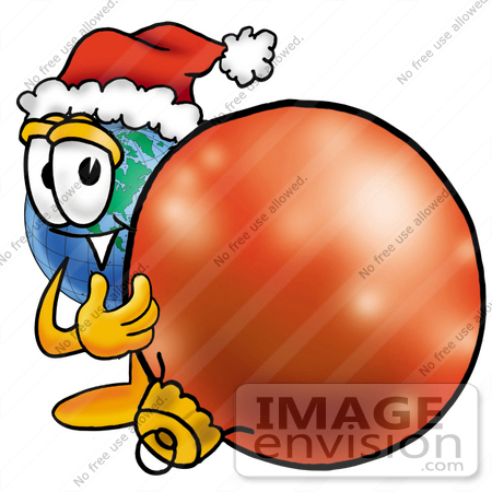 #24027 Clip Art Graphic of a World Globe Cartoon Character Wearing a Santa Hat, Standing With a Christmas Bauble by toons4biz