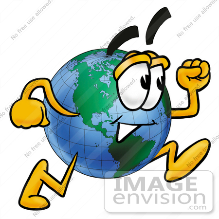#24029 Clip Art Graphic of a World Globe Cartoon Character Running by toons4biz