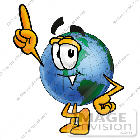 #24032 Clip Art Graphic of a World Globe Cartoon Character Pointing Upwards by toons4biz