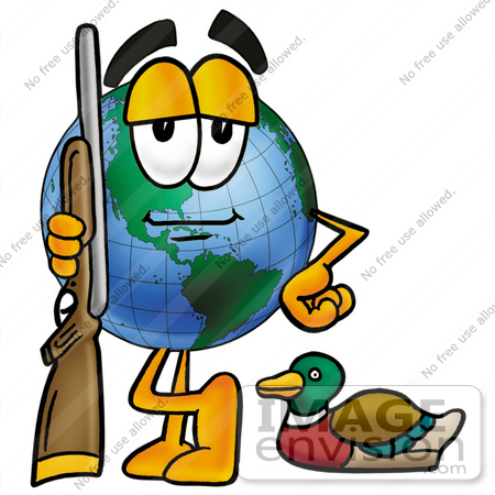 #24035 Clip Art Graphic of a World Globe Cartoon Character Duck Hunting, Standing With a Rifle and Duck by toons4biz
