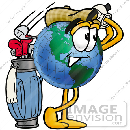 #24036 Clip Art Graphic of a World Globe Cartoon Character Swinging His Golf Club While Golfing by toons4biz