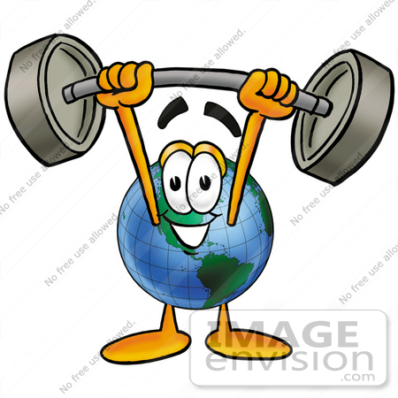 #24037 Clip Art Graphic of a World Globe Cartoon Character Holding a Heavy Barbell Above His Head by toons4biz