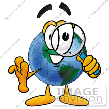 #24044 Clip Art Graphic of a World Globe Cartoon Character Looking Through a Magnifying Glass by toons4biz