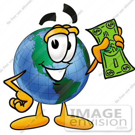 #24047 Clip Art Graphic of a World Globe Cartoon Character Holding a Dollar Bill by toons4biz