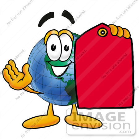 #24062 Clip Art Graphic of a World Globe Cartoon Character Holding a Red Sales Price Tag by toons4biz