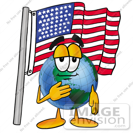 #24063 Clip Art Graphic of a World Globe Cartoon Character Pledging Allegiance to an American Flag by toons4biz