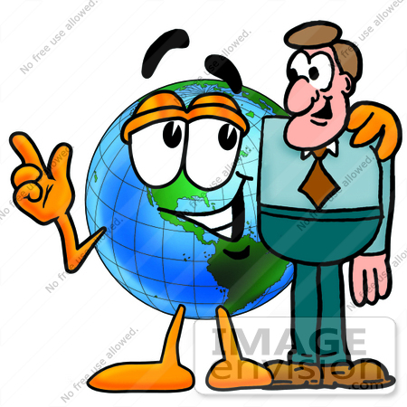 #24069 Clip Art Graphic of a World Globe Cartoon Character Talking to a Business Man by toons4biz