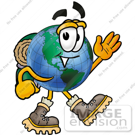 #24071 Clip Art Graphic of a World Globe Cartoon Character Hiking and Carrying a Backpack by toons4biz