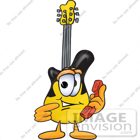 #24087 Clip Art Graphic of a Yellow Electric Guitar Cartoon Character Holding a Telephone by toons4biz