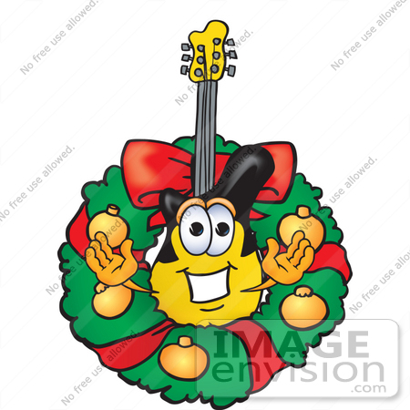 #24088 Clip Art Graphic of a Yellow Electric Guitar Cartoon Character in the Center of a Christmas Wreath by toons4biz