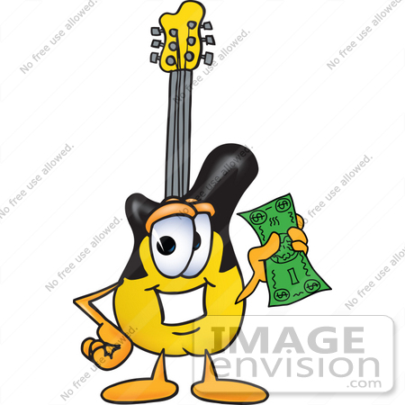 #24090 Clip Art Graphic of a Yellow Electric Guitar Cartoon Character Holding a Dollar Bill by toons4biz