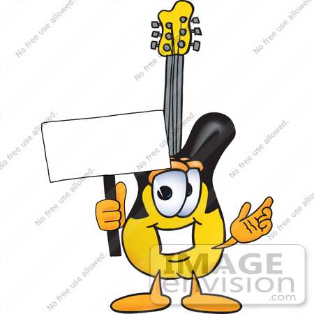 #24092 Clip Art Graphic of a Yellow Electric Guitar Cartoon Character Holding a Blank Sign by toons4biz