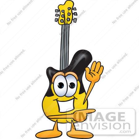 #24097 Clip Art Graphic of a Yellow Electric Guitar Cartoon Character Waving and Pointing by toons4biz