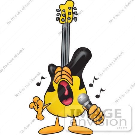 #24098 Clip Art Graphic of a Yellow Electric Guitar Cartoon Character Singing Loud Into a Microphone by toons4biz