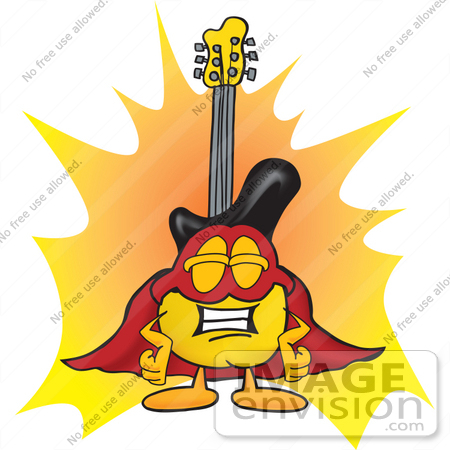 #24100 Clip Art Graphic of a Yellow Electric Guitar Cartoon Character Dressed as a Super Hero by toons4biz