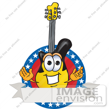 #24101 Clip Art Graphic of a Yellow Electric Guitar Cartoon Character Label With Stars by toons4biz